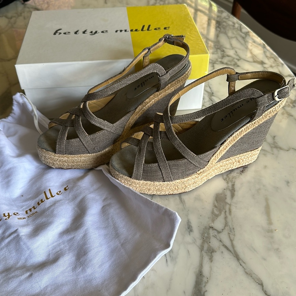 Bettye Muller grey espadrille wedge sandals.